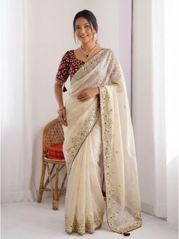 Nyri - Off White Embellished Embroidered Saree with Unstitched Blouse
