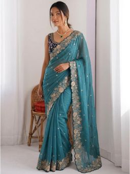 Nyri - Blue Embellished Embroidered Saree with Unstitched Blouse