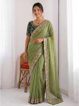 Nyri - Green Embellished Embroidered Saree with Unstitched Blouse