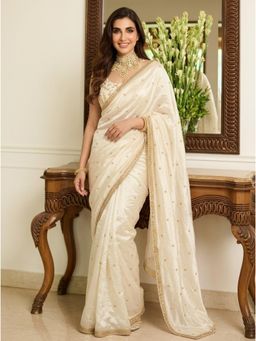 Nyri - Cream Embellished Embroidered Saree with Unstitched Blouse