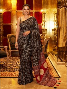 Nyri - Black Printed Mirror Work Saree with Unstitched Blouse