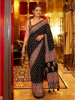 Nyri - Black Printed Mirror Work Saree with Unstitched Blouse