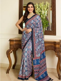 Nyri - Blue Printed Bandhani Mirror Work Saree with Unstitched Blouse