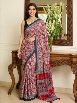 Nyri - Red Printed Bandhani Mirror Work Saree with Unstitched Blouse