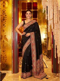 Nyri - Black Printed Bandhani Mirror Work Saree with Unstitched Blouse