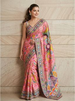 Nyri - Pink Embellished Embroidered Saree with Unstitched Blouse