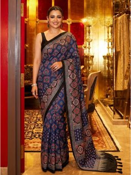 Nyri - Blue Printed Mirror Work Saree with Unstitched Blouse