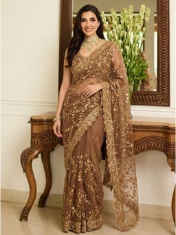 Nyri - Brown Embellished Embroidered Saree with Unstitched Blouse