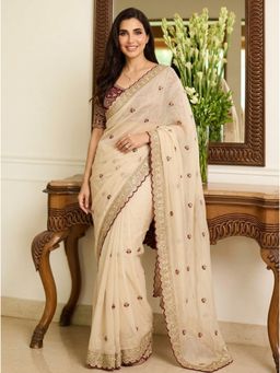 Nyri - Off White Embellished Embroidered Saree with Unstitched Blouse
