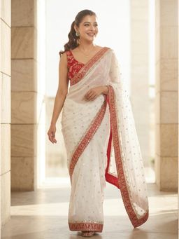 Nyri - White Embellished Embroidered Saree with Unstitched Blouse