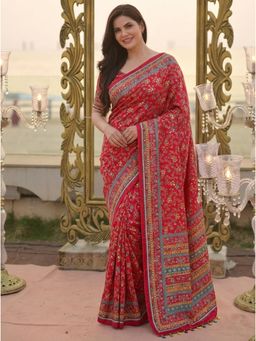 Nyri - Red Printed Embellished Mirror Work Saree with Unstitched Blouse