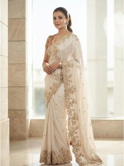 Nyri - White Embellished Embroidered Saree with Unstitched Blouse
