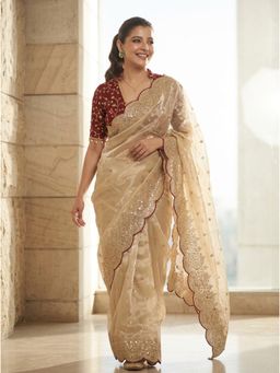 Nyri - Gold Embellished Embroidered Saree with Unstitched Blouse