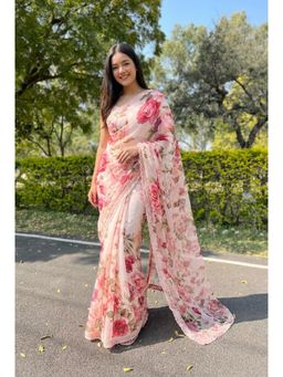 Nyri - Pink Floral Printed Organza Saree with Unstitched Blouse