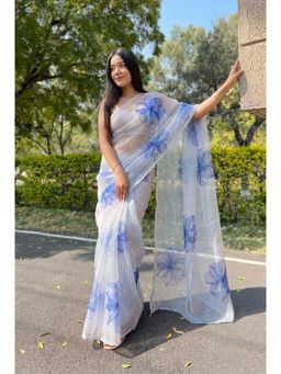 Nyri - White Printed Organza Saree with Unstitched Blouse