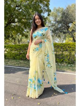 Nyri - Yellow Printed Organza Saree with Unstitched Blouse