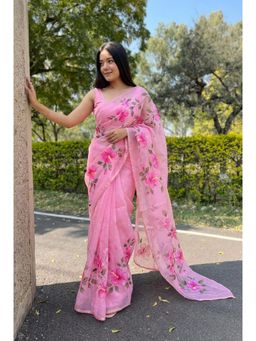 Nyri - Pink Printed Organza Saree with Unstitched Blouse