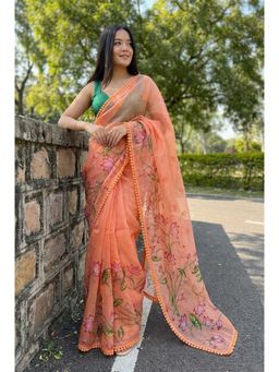 Nyri - Orange Printed Organza Saree with Unstitched Blouse