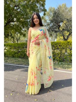 Nyri - Yellow Printed Organza Saree with Unstitched Blouse