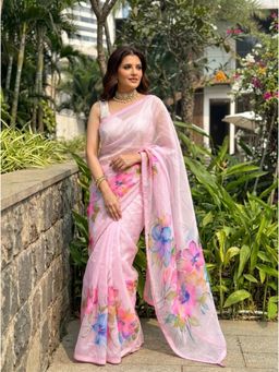 Nyri - Pink Printed Organza Saree with Unstitched Blouse