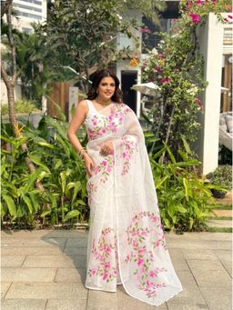 Nyri - White Printed Organza Saree with Unstitched Blouse