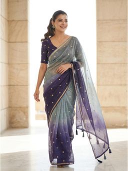 Nyri - Blue Embellished Embroidered Saree with Unstitched Blouse