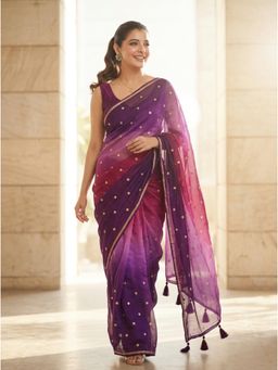 Nyri - Purple Embellished Embroidered Saree with Unstitched Blouse