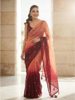 Nyri - Rust Embellished Sequinned Saree with Unstitched Blouse