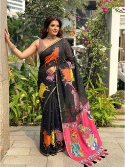 Nyri - Black Printed Embellished Saree with Unstitched Blouse