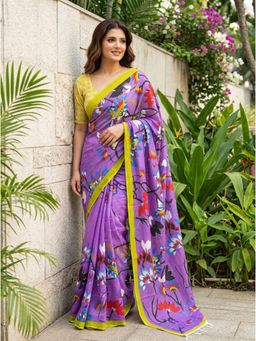 Nyri - Purple Floral Printed Cotton Saree with Unstitched Blouse