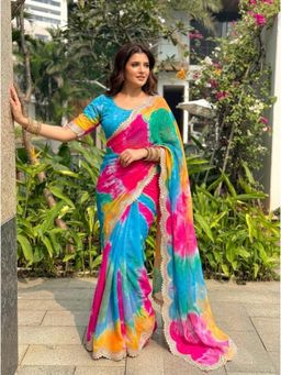 Nyri - Multi-Color Embellished Lehriya Saree with Unstitched Blouse