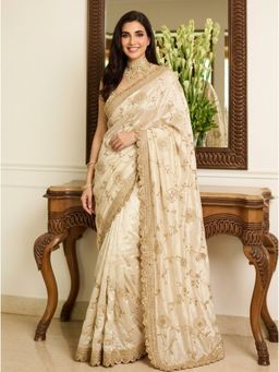 Nyri - White Embellished Embroidered Saree with Unstitched Blouse