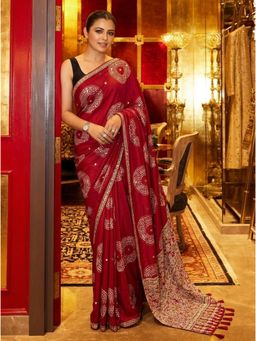 Nyri - Maroon Printed Mirror Work Saree with Unstitched Blouse