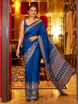 Nyri - Blue Printed Mirror Work Saree with Unstitched Blouse