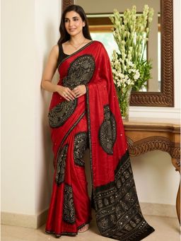 Nyri - Red Printed Mirror Work Saree with Unstitched Blouse