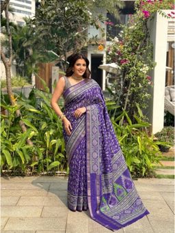 Nyri - Purple Printed Woven Silk Cotton Saree with Unstitched Blouse