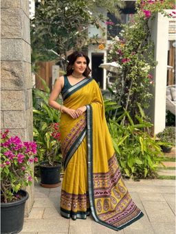 Nyri - Mustard Kalamkari Printed Silk Cotton Saree with Unstitched Blouse