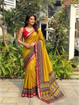 Nyri - Mustard Kalamkari Printed Saree with Unstitched Blouse