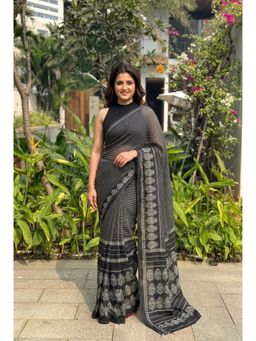 Nyri - Black Printed Cotton Linen Saree with Unstitched Blouse