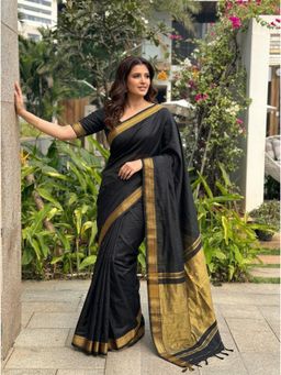 Nyri - Black Woven Zari Silk Blend Saree with Unstitched Blouse