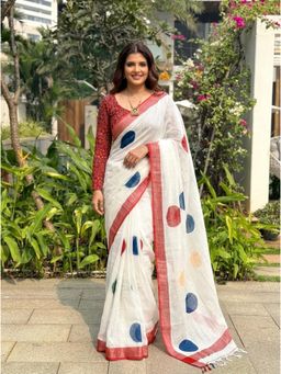 Nyri - White Printed Cotton Linen Saree with Unstitched Blouse