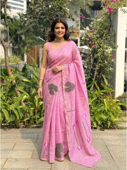 Nyri - Pink Floral Printed Cotton Linen Saree with Unstitched Blouse