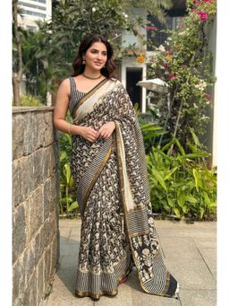 Nyri - Black Chanderi Cotton Silk Blend Saree with Unstitched Blouse
