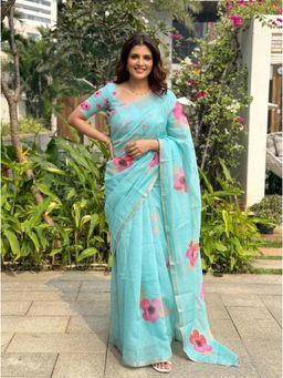 Nyri - Blue Floral Printed Cotton Linen Saree with Unstitched Blouse