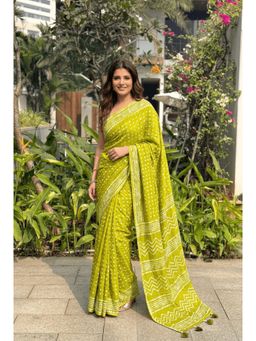 Nyri - Green Cotton Linen Blend Saree with Unstitched Blouse