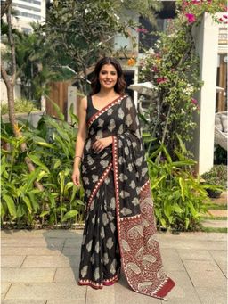 Nyri - Black Printed Cotton Mulmul Saree with Unstitched Blouse