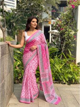 Nyri - Pink Printed Cotton Mulmul Saree with Unstitched Blouse