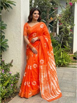 Nyri - Orange Tie and Dye Printed Cotton Saree with Unstitched Blouse
