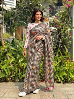 Nyri - Black Checks Printed Cotton Saree with Unstitched Blouse