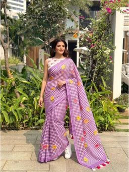 Nyri - Lavender Checks Printed Cotton Saree with Unstitched Blouse